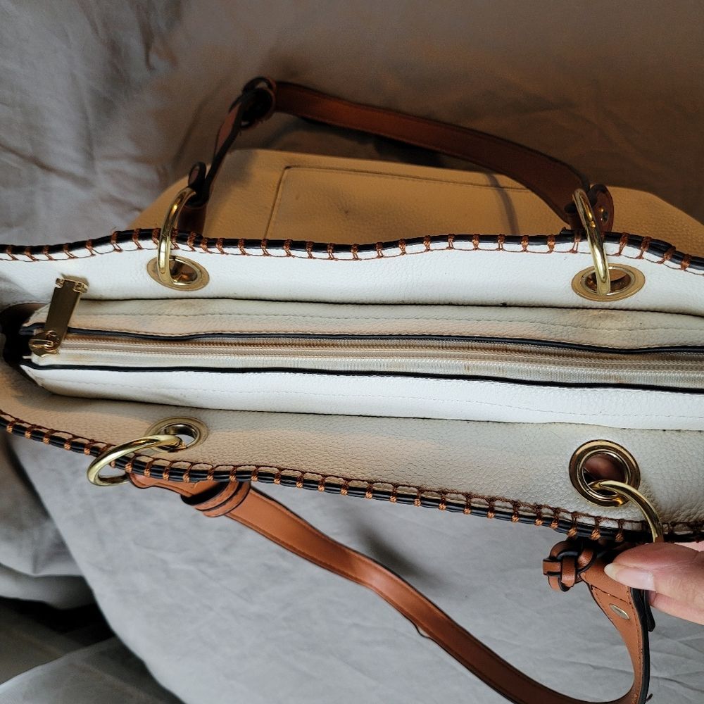 Off White and Brown Leather Tote Shoulder Bag - Picture 8 of 8